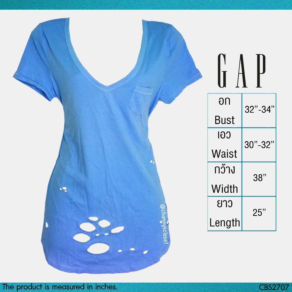 💖USED Gap - Light Blue Hole T-Shirt | เสื้อยืดสีฟ้า เสื้อยืดสีพื้น แขนสั้น คอวี รู ทรงใหญ่ สีพื้น แท
