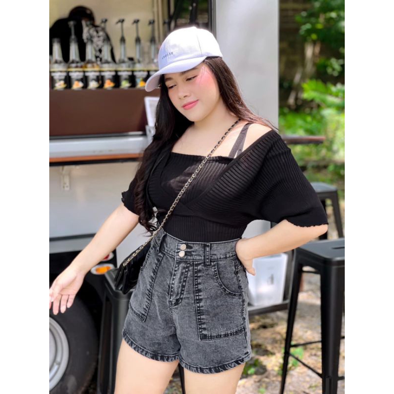 ยีนส์สั้นสาวอวบ กระเป๋าปืน ทรงสวย วินเทจตัวมัม