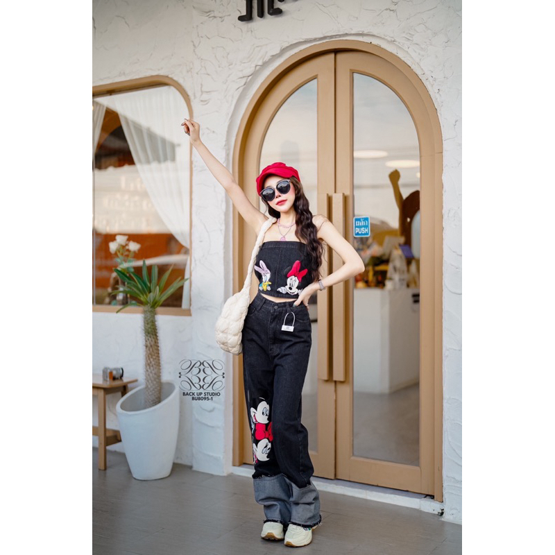 เซทยีนส์ เกาะอก+กางเกงขายาว เอวสูง สกรีนลายมิกกี้เมาส์ สไตล์รุ่นใหม่ 8095 - รูปที่ 5