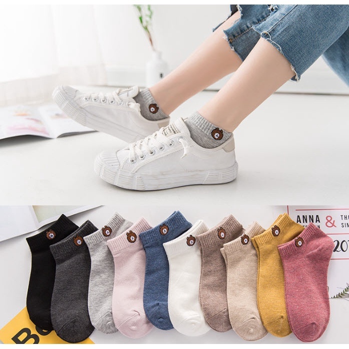 10สีเลือกสีได้ ถุงเท้าลายหมี น่ารักๆ แบบข้อสั้น สุภาพสตรี