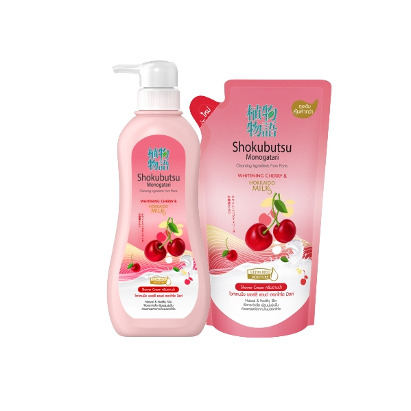 (แพ็คคู่)ขวด +รีฟีล SHOKUBUTSU ครีมอาบน้ำ โชกุบุสซึ สูตร Whitening Cherry and Hokkaido Milk (แดง)