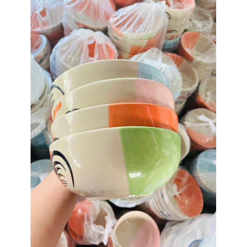 ชามเซรามิก ชามตราไก่ทรงกลมสีทูโทน กว้าง7นิ้ว สูง3.5นิ้ว