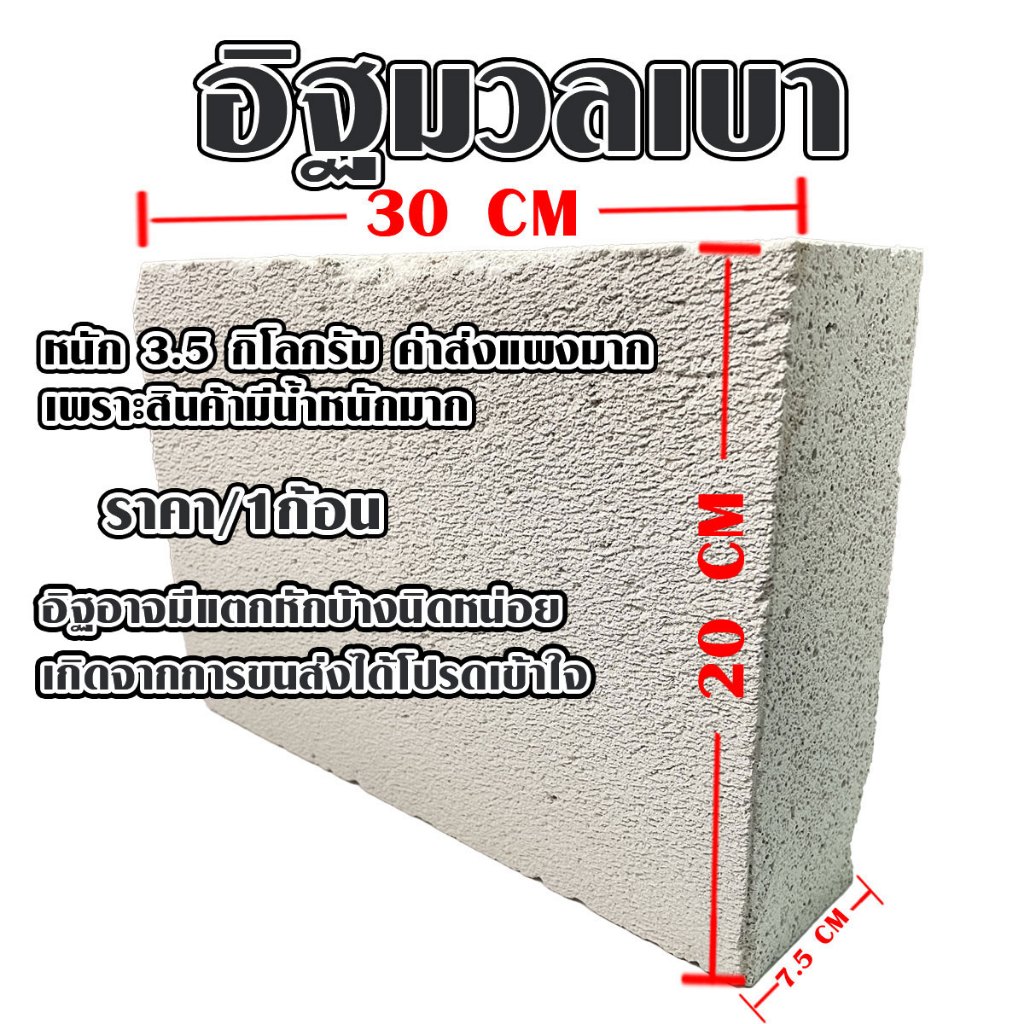 อิฐมวลเบา ขนาด 20x30 ซม. หนา 7.5 ซม. อิฐบล็อก อิฐ กันเสียง ซ่อมกำแพง ซ่อมผนัง ปิดรูหนู ลดเสียง อิฐปลูกต้นไม้ หิน ปูน BP