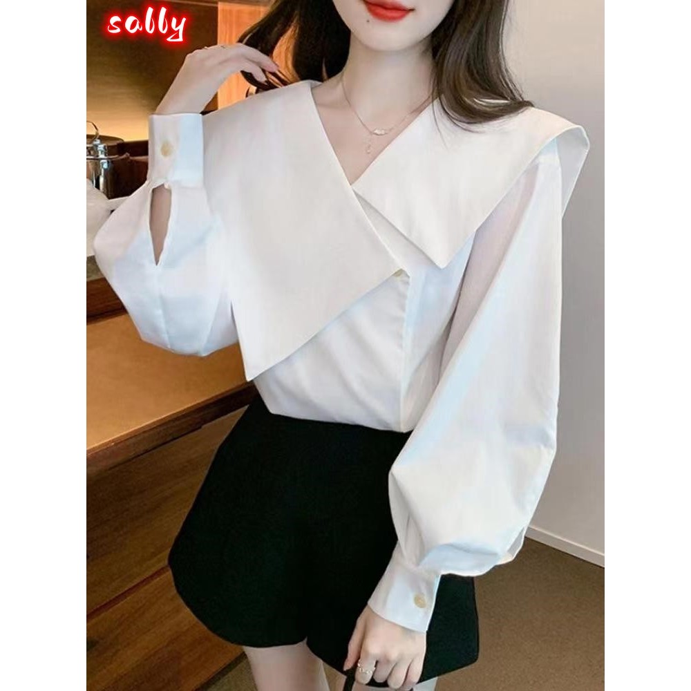 Sally เสื้อเชิ้ต คอวี การออกแบบที่ผิดปกติ พระคุณ อารมณ์ สดชื่น เสื้อปลอกแขนโคมไฟ การเดินทางที่เรียบง่าย ทรงพอดีตัว
