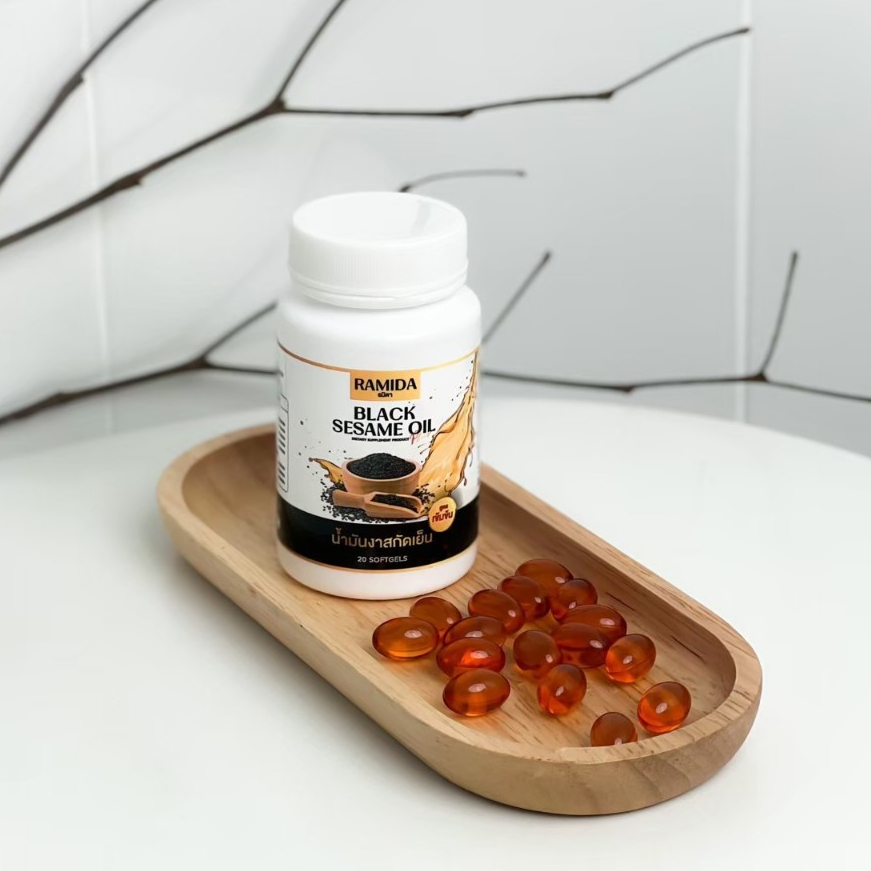 น้ำมันงาดำสกัดเย็น รมิดา สูตรเข้มข้น แบล็ก เซซามิน ออยล์ พลัส Black Sesame Oil Plus 596 มิลลิกรัม 20 ซอฟเจล