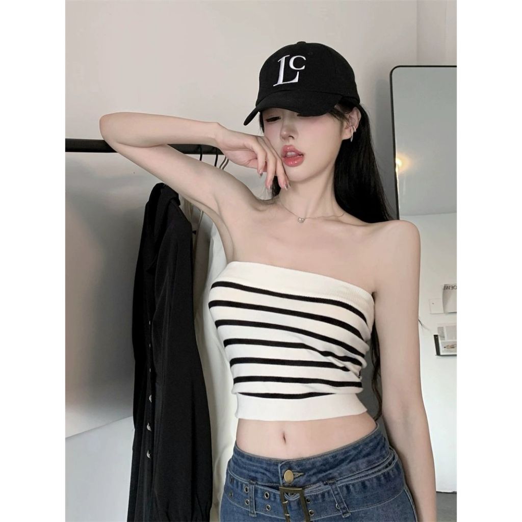 พร้อมส่ง เสื้อเกาะอกไหมพรม ลายทาง สวมใส่สบาย ผ้านิ่้มสบาย #60292 - รูปที่ 5