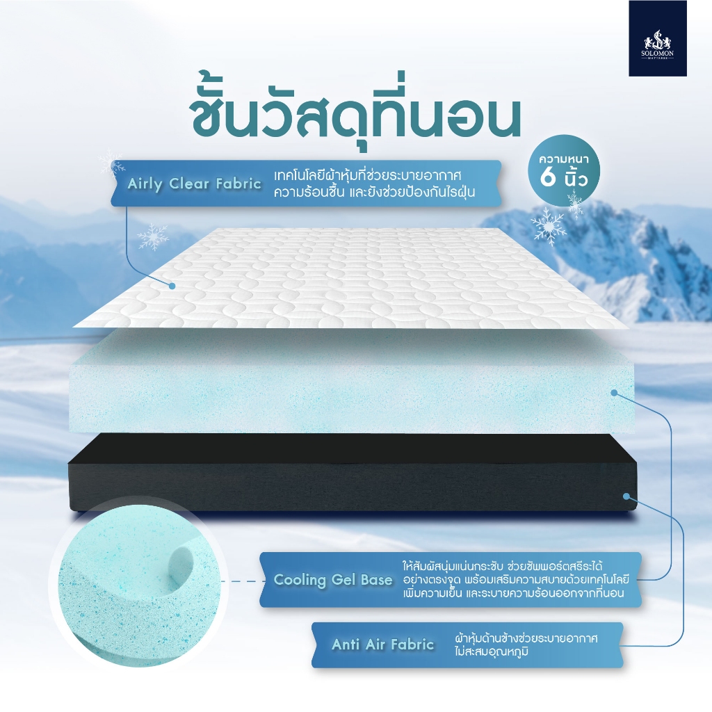 Solomon ที่นอนเย็นดูดวิญญาณ [ส่งฟรี] หนา4นิ้ว หนา6นิ้ว รุ่น Cooling Tech ที่นอนเย็น นุ่มแน่น แถมประกัน 10 ปี