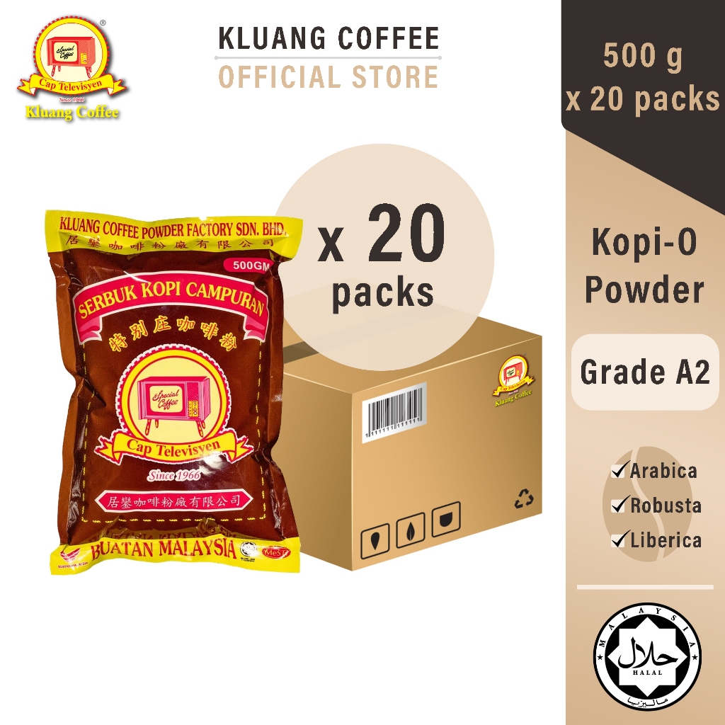 Kluang Black Coffee Cap Televisyen Kopi-O Powder Grade A2 (500gm x 20 packs) กาแฟคั่วบด เกรด A2 (500