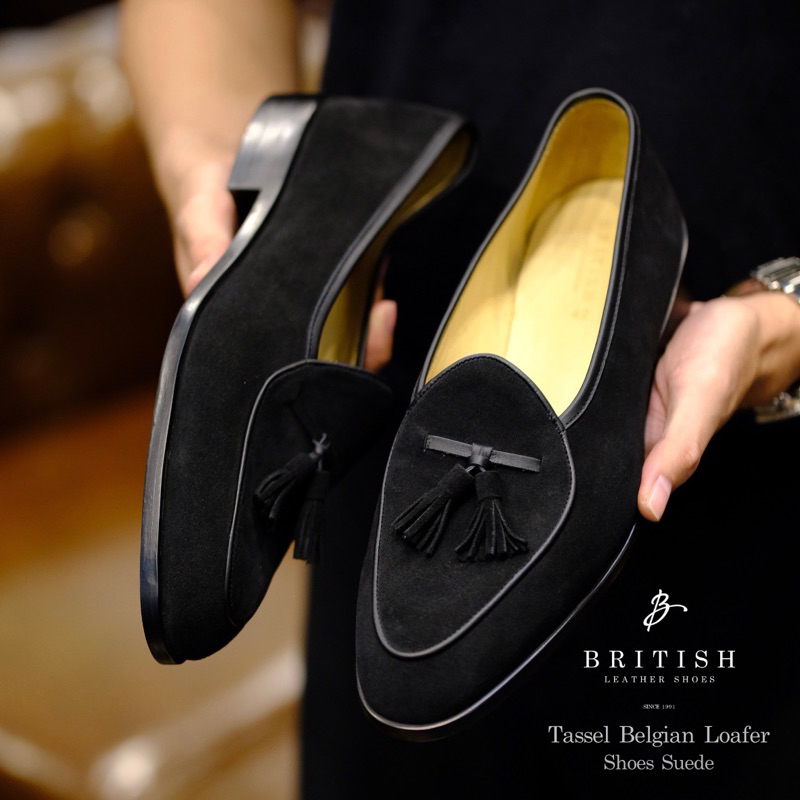 British รองเท้าหนัง Tassel Belgian Loafer Shoes Suede (Black)