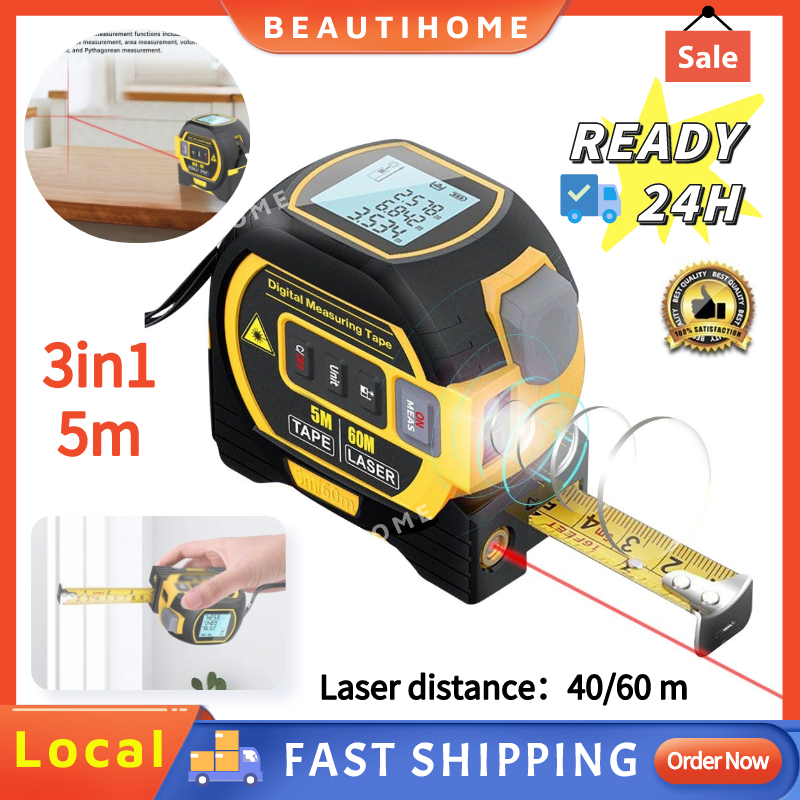 3ใน1 Laser Rangefinder 5m Tape Measure Rener Display LCD ที่มีอุปกรณ์วัดอาคารระยะทางแบ็คไลท์ระยะทาง ระยะเลเซอร์ 40m/60m