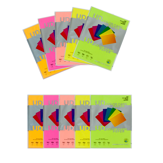 UD Color Card Paper Fluo กระดาษสี 2 หน้า 70แกรม A4 สีนีออน 500 แผ่น คละสี