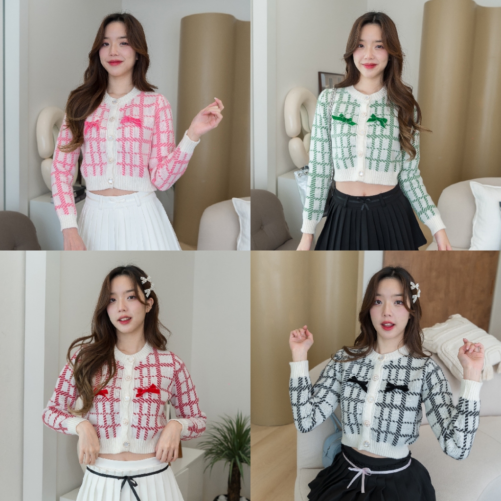 JARINYA 💛เสื้อคาดิแกนไหมพรมทอลายตาราง มาพร้อมโบว์2 ชิ้น สามารถถอดออกได้ เนื้อผ้าหนาและนุ่มมาก