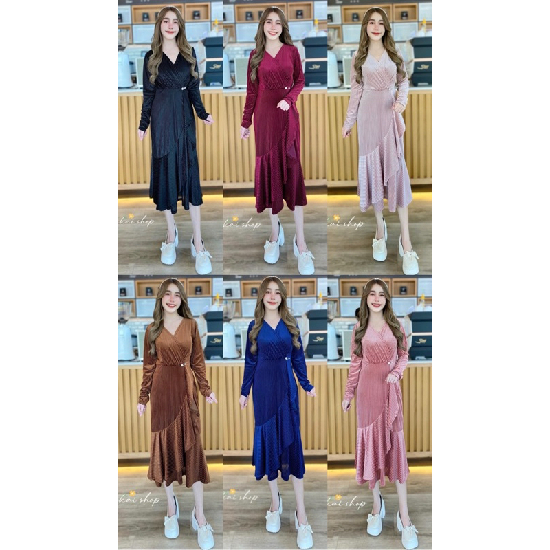 ชุดแซกยาว ส่งฟรี⚘ผ้ากำมะหยี่ #kookkai9 ฟรีไซส์ อก 32-40" เอว 26-32" สะโพกถึง -42" ยาว 45-46"
