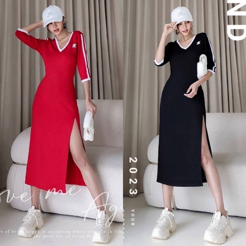 DL64 - Mona dress เดรสคอวีแนวสปอต ผ่าข้าง ผ้าเทพพรีเมี่ยมเนื้อเด้ง Cotton candy
