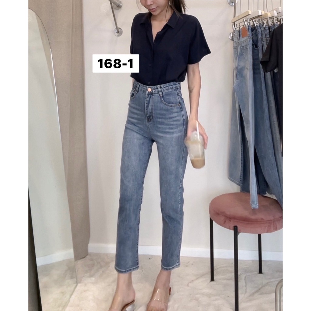 168-1 กางยีนส์ทรงบอยขาเย็บ กางเกงยีนส์เอวสูง ผ้ายืดเยอะ งานนำเข้าป้ายแท้ xoxo
