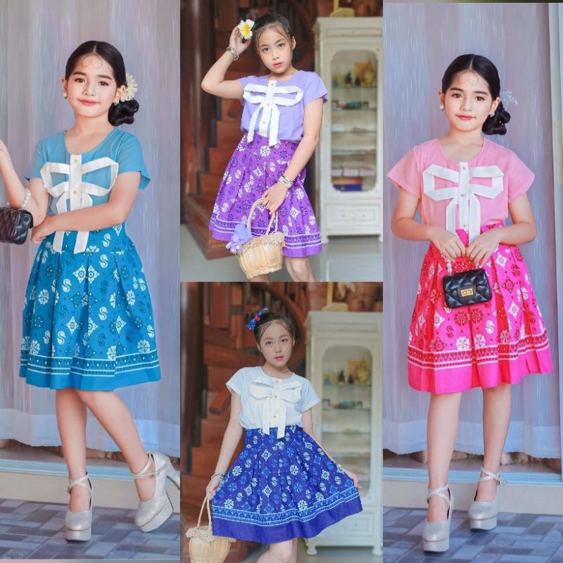 Eb // tp // ชุดไทยประยุกต์เด็กหญิง ผ้าฝ้าย เด็กโต 9-13 ปี (เสื้อกระดุมหน้าแกะได้ทุกเม็ด) เอวกระโปรงด้านหลังสม็อคค่ะ