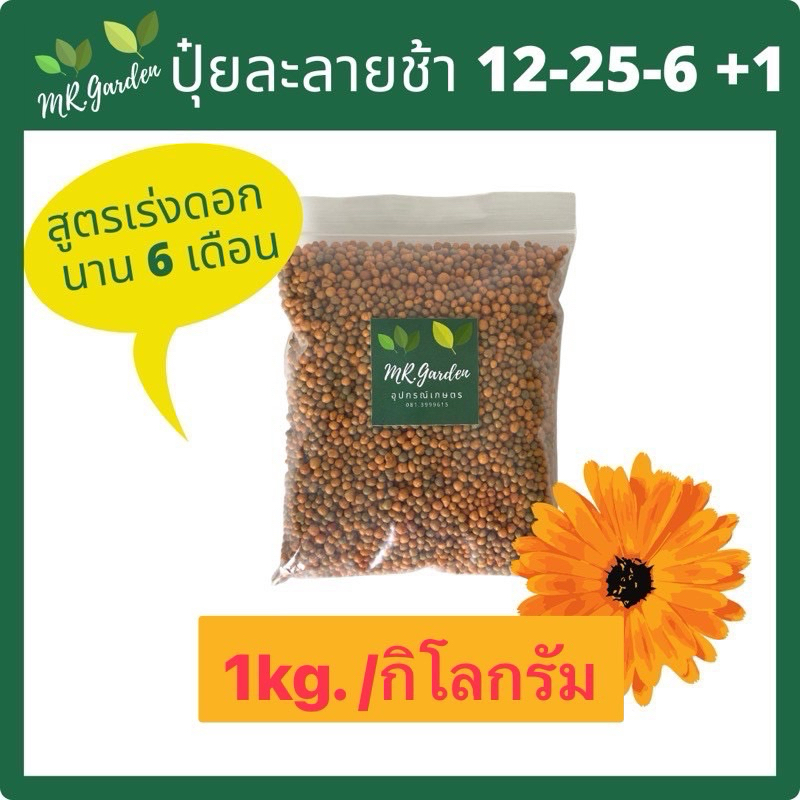ปุ๋ยละลายช้า 1กิโลกรัม สูตรดอก ปุ๋ยดอก 6 เดือน 12-25-6+1 slow release fertilizer for flowers 1kg.