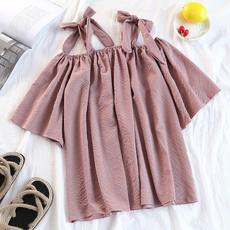 พร้อมส่ง GR028 เสื้อปาดไหล่ผูกโบว์ทรงหลวมสีพาสเทล สไตล์เกาหลีหวานๆ - รูปที่ 3