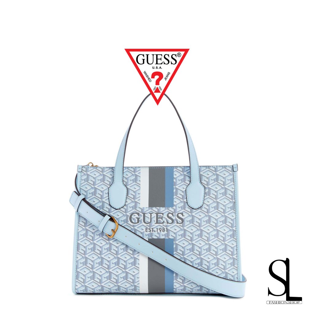 GUESS [ลดราคา] กระเป๋าถือสะพายข้างผู้หญิง Silvana Two-Compartment Tote Bag - Ice Blue Logo รับประกันของแท้ พร้อมส่ง
