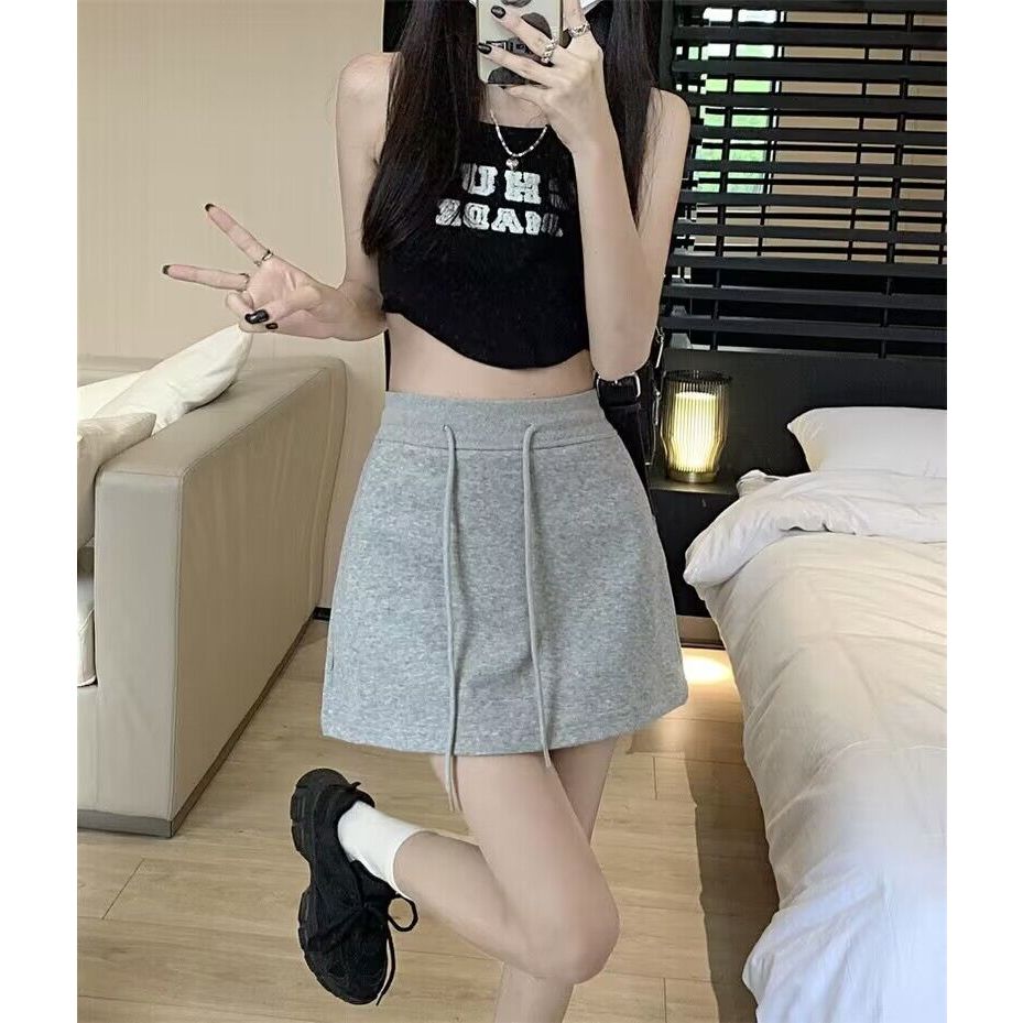 cherryshop🌸กระโปรงแฟชั่น ญ🍓กระโปรงสั้นยืดเอวยางยืดสีเทากระโปรงทรงเอแบบลำลองเอวสูงรัดสะโพกสีดำ - รูปที่ 3