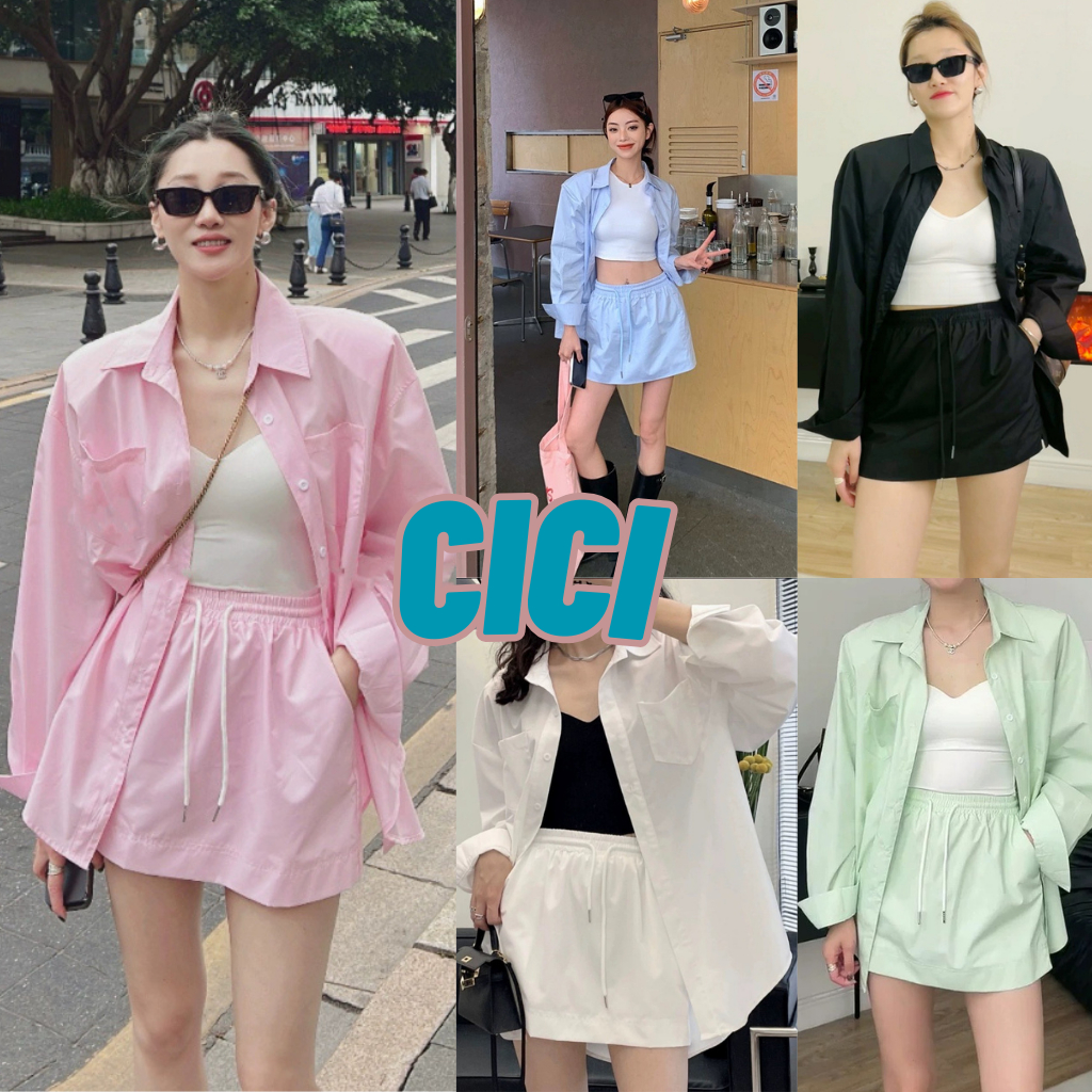 ส่งทันที Cici(NO. 3176)SET2ชิ้น เสื้อเชิ้ตเเขนยาว+กระโปรงสั้น เชิ้ตกระเป๋าใช้งานได้จริง กระโปรงเอวสม็อกมีซับในกางเกง