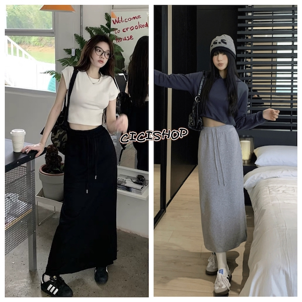Cicishop(1189)Long skirts กระโปรงยาวทรงเอตรง เอวยืดทรงสวยใส่แมตช์สไตล์ y2k