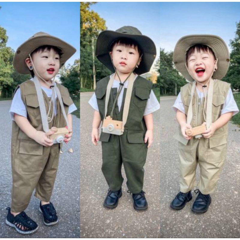 เอี๊ยมเดินป่าเด็ก ชุดเดินป่าเด็ก ชุดแคมป์ปิ้งเด็ก เอี๊ยมเดินป่าและหมวกสุดเท่