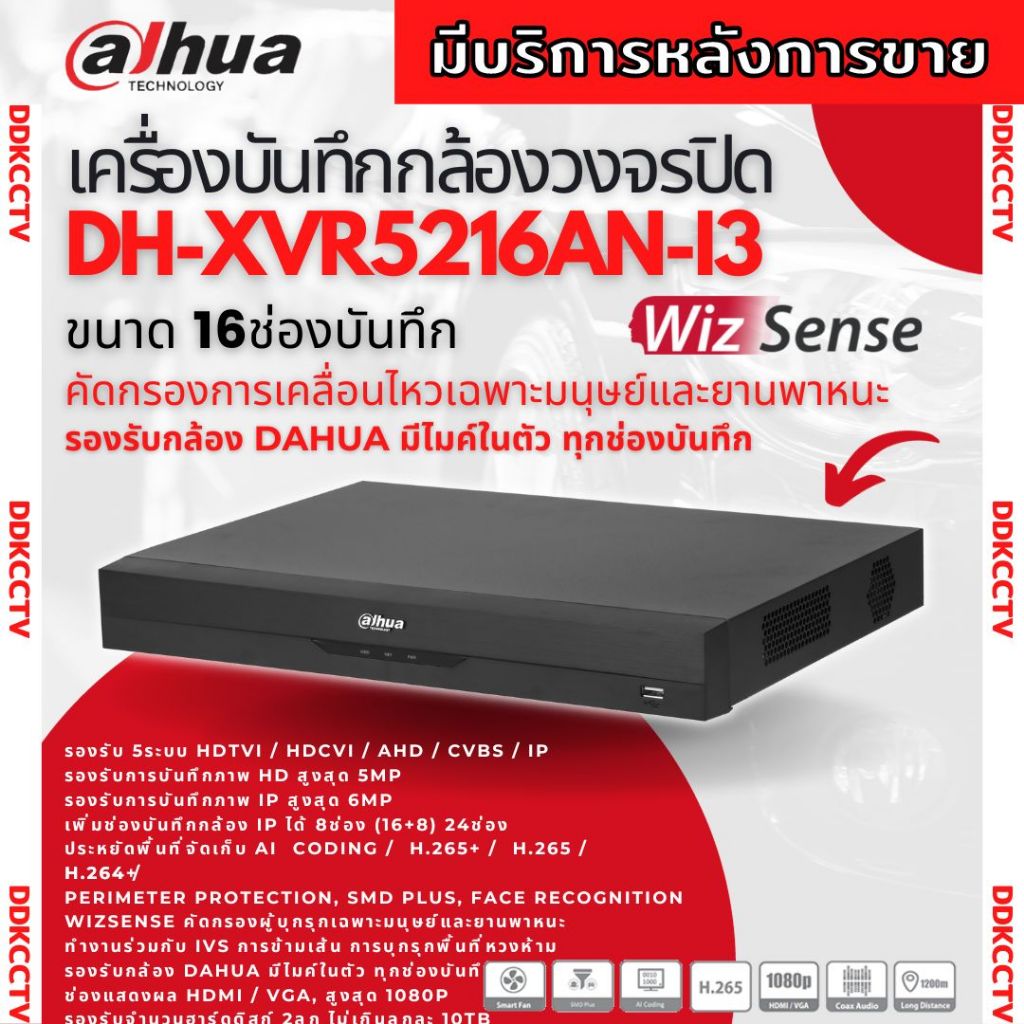 Dahua DH-XVR5216AN-I3 เครื่องบันทึก Dahua XVR Wizsense 16ช่อง (Ai) เครื่องบันทึกภาพ กล้องวงจร ใส่HDD