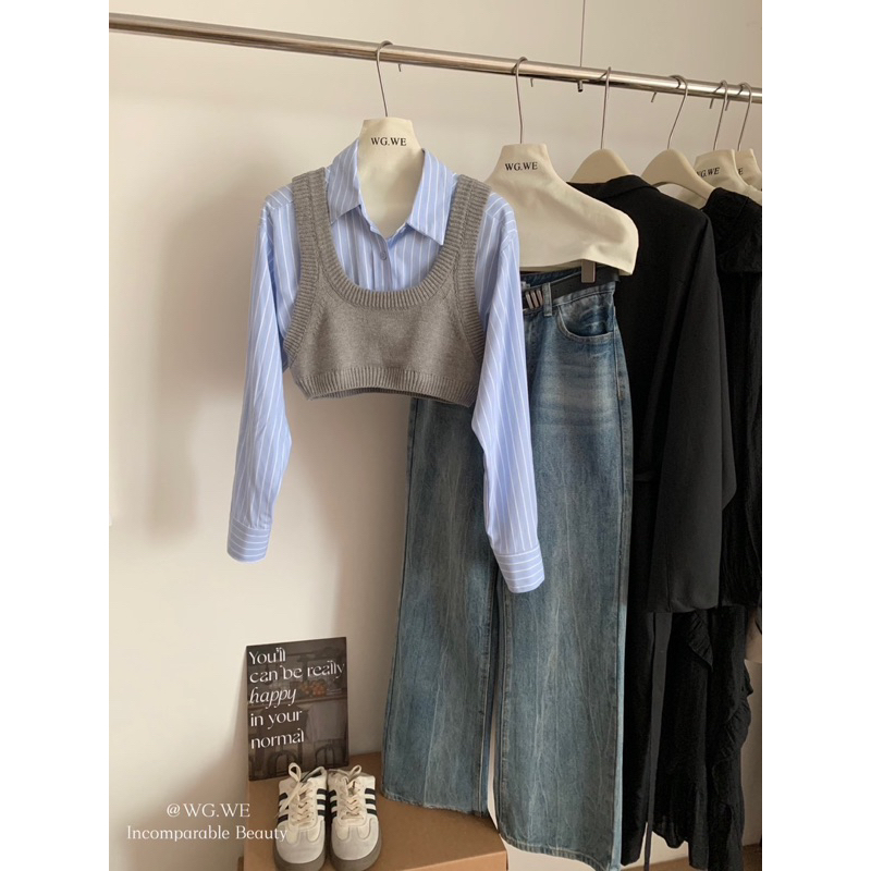 PP63 เสื้อครอปเชิ้ตแขนยาวมาพร้อมกั้กตัวนอก เย็บติดกัน