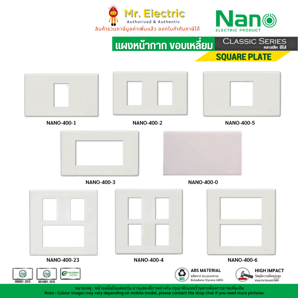 NANO ฝาหน้ากาก พลาสติก ขนาด 1 2 3 4 6ช่อง ฝาปิดช่องว่าง ขอบเหลี่ยม 2x4 4x4 นิ้ว สีขาว Classic Series