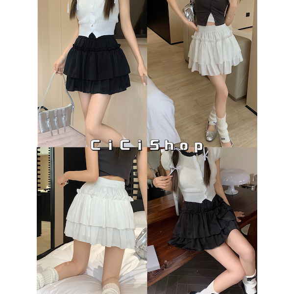 Cicishop(K601)กระโปรงสั้นแต่งระบาย ทรงเค้ก มีซับใน เอวสม็อก สไตล์บัลเล่ต์