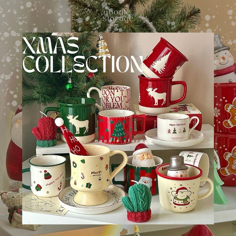 พร้อมส่ง 🎄♥️🎅🏻แก้วคริสต์มาส christmas  แก้วสีแดงเซรามิค ลายคริสต์มาส : noodle storage
