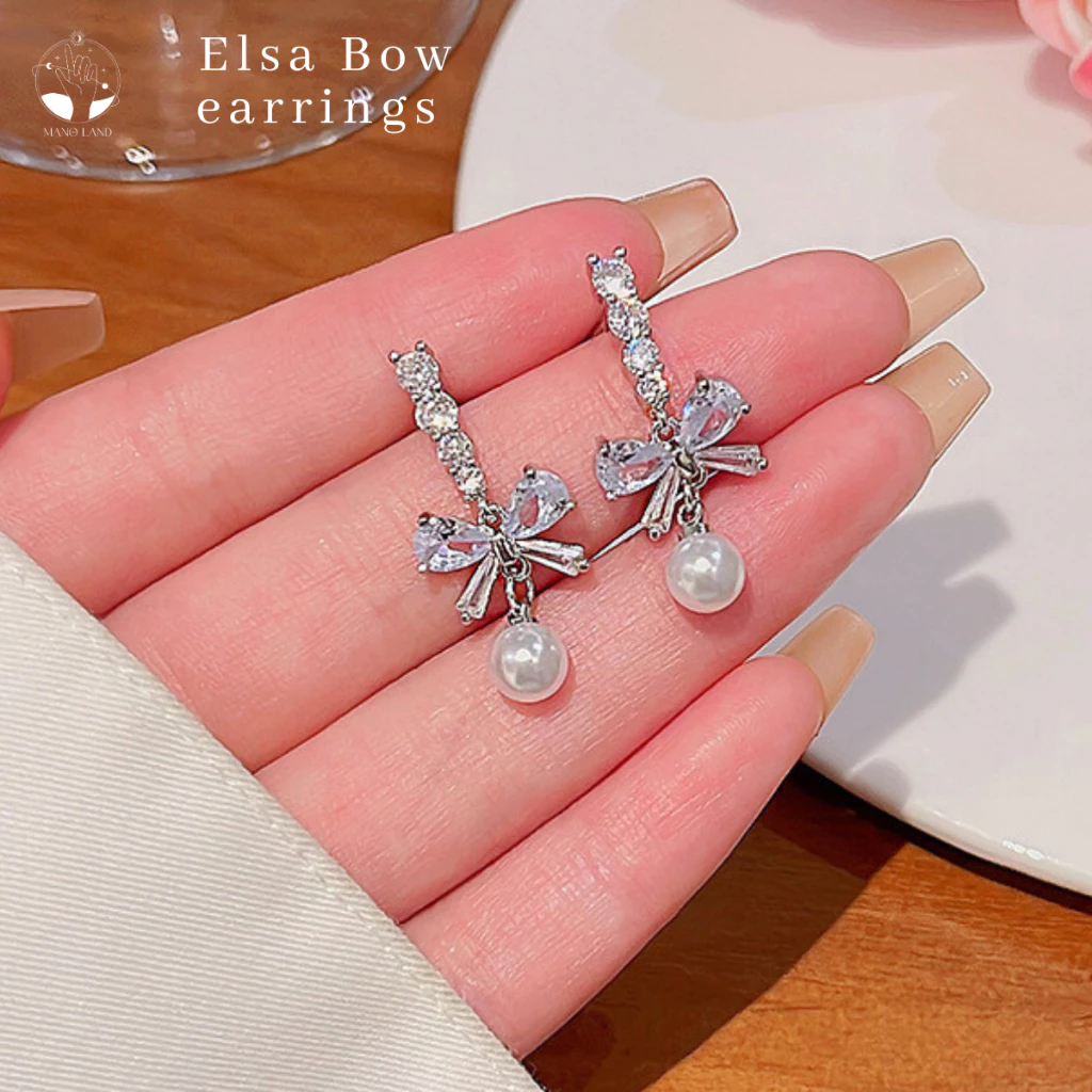 MNL💗ต่างหูแบบแป้น Elsa Bow โบว์เพชรประดับมุก เครื่องประดับผู้หญิง แฟชั่นเงินแท้ ไม่ลอกดำ มินิมอล เกาหลี ของขวัญ วันเกิด
