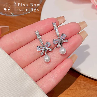 MNL💗ต่างหูแบบแป้น Elsa Bow โบว์เพชรประดับมุก เครื่องประดับผู้หญิง แฟชั่นเงินแท้ ไม่ลอกดำ มินิมอล เกาหลี ของขวัญ วันเกิด