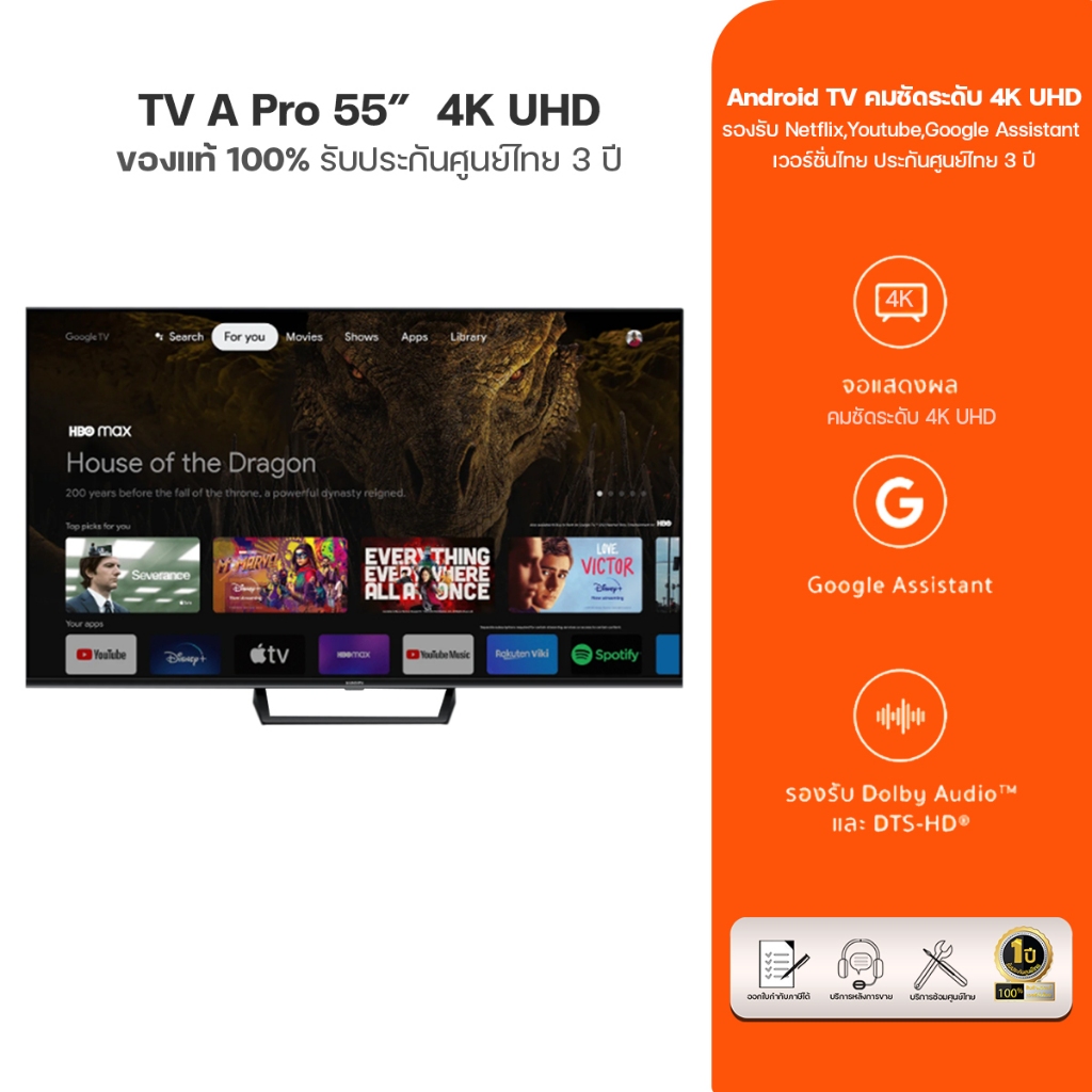 [ใหม่ล่าสุด!] XIAOMI TV รุ่น A PRO 55" ทีวีขนาด 55 นิ้ว Smart TV คมชัดระดับ 4K UHD Google TV + ระบบเสียง Dolby Atmos