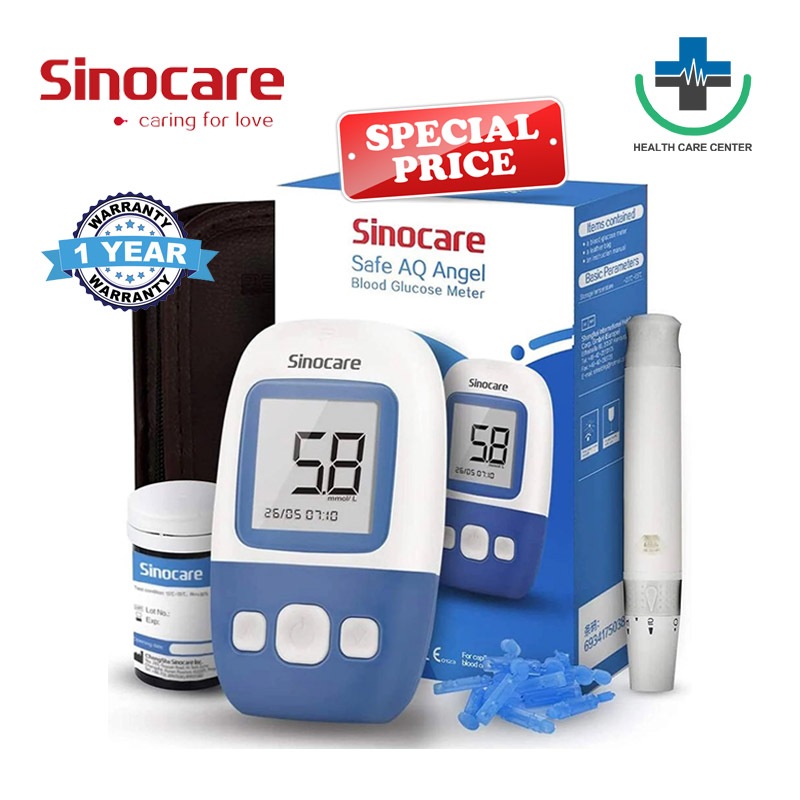 Sinocare เครื่องตรวจน้ำตาล(เบาหวาน) รุ่น Safe AQ Angel แม่นยำ100% เครื่องตรวจ+เข็มเจาะ50ชิ้น+แผ่นตรวจ50ชิ้น