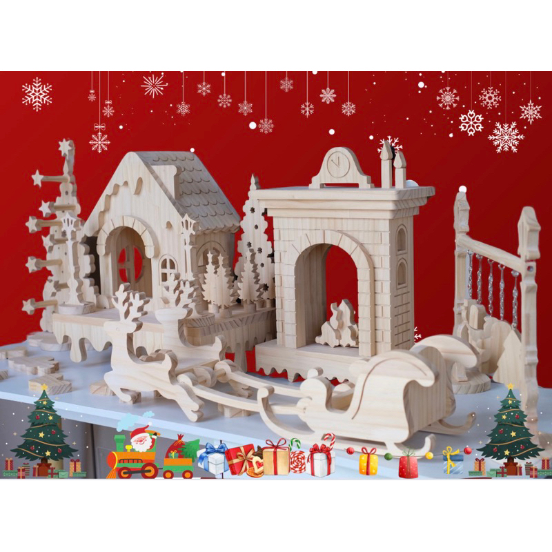 LP89 Christmas อุปกรณ์ตกแต่งเทศกาลคริสต์มาส โมเดล บ้าน ชั้นปีน คอน สำหรับสัตว์เล็ก ชินชิลล่า นก ทำจากไม้สนเกรดA