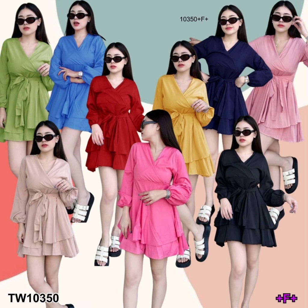 TwinsShopVip💗พร้อมส่ง TW10350 จั๊มสั้นคอวีแขนยาว