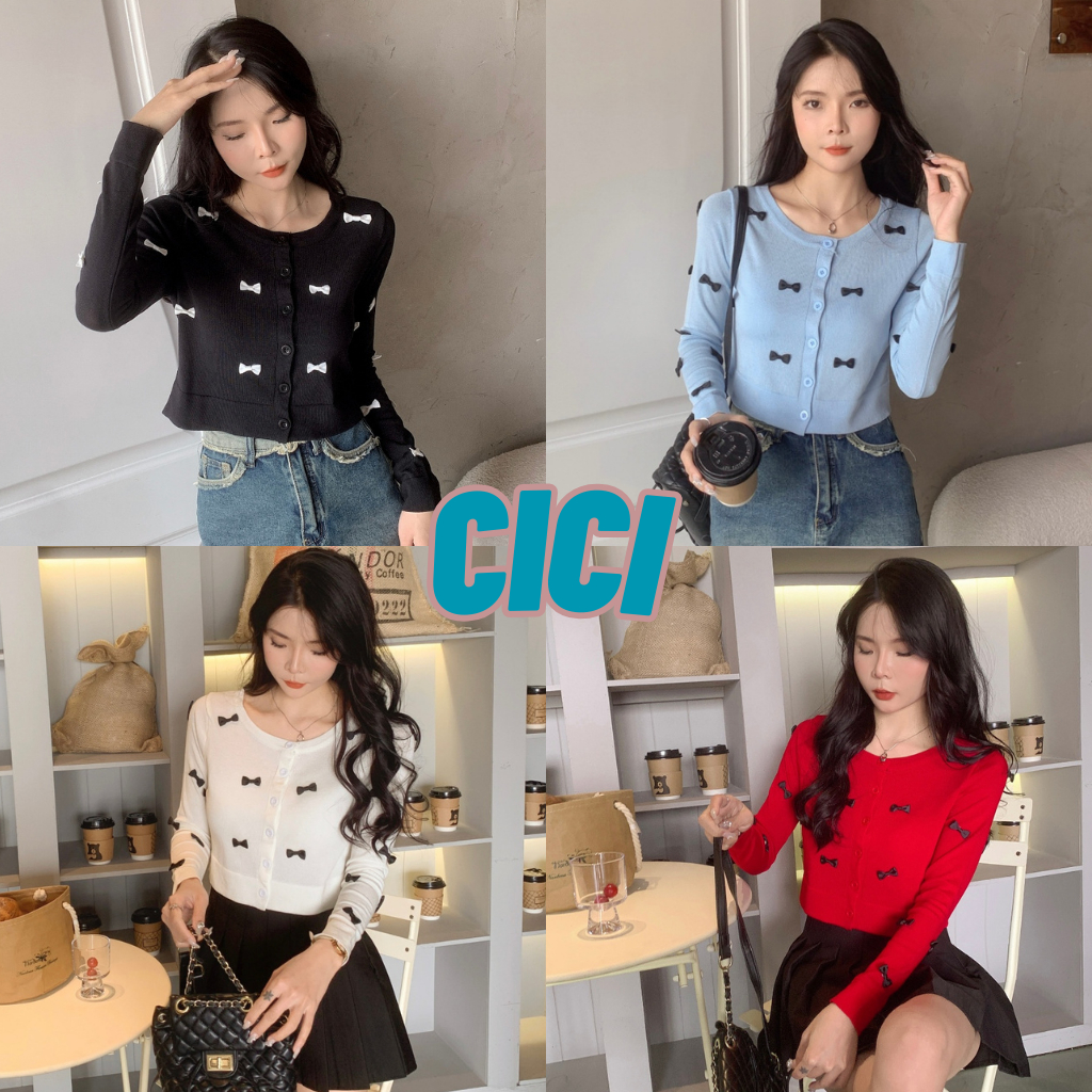 Cici(NO.B6011)เสื้อครอปเเขนยาว ผ้าไหมพรม กระดุมใช้งานได้จริง ดีเทลประดับโบว์ น่ารัก สไตล์สาวหวาน