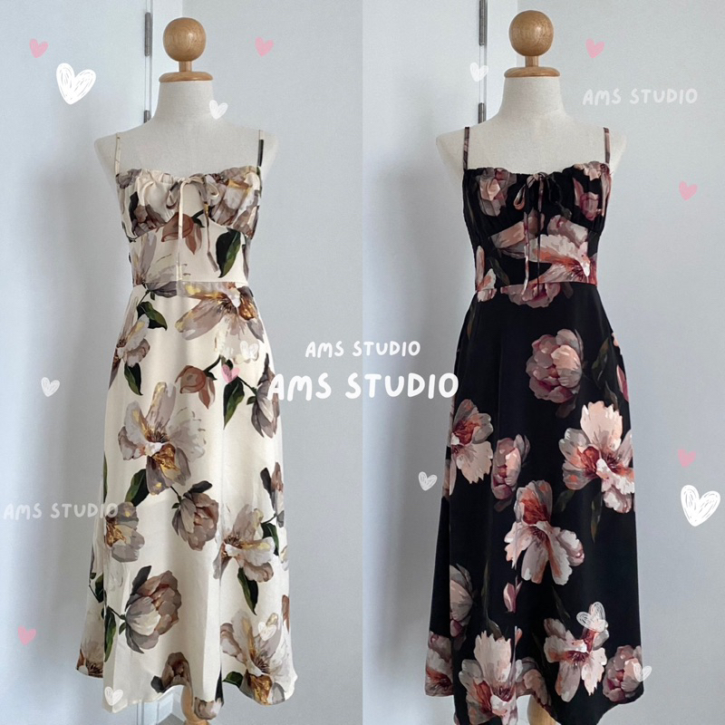 🐈‍⬛🪶ams studio’ เดรสยาวสายเดี่ยวดอกไม้ ผ้าคอตตอน