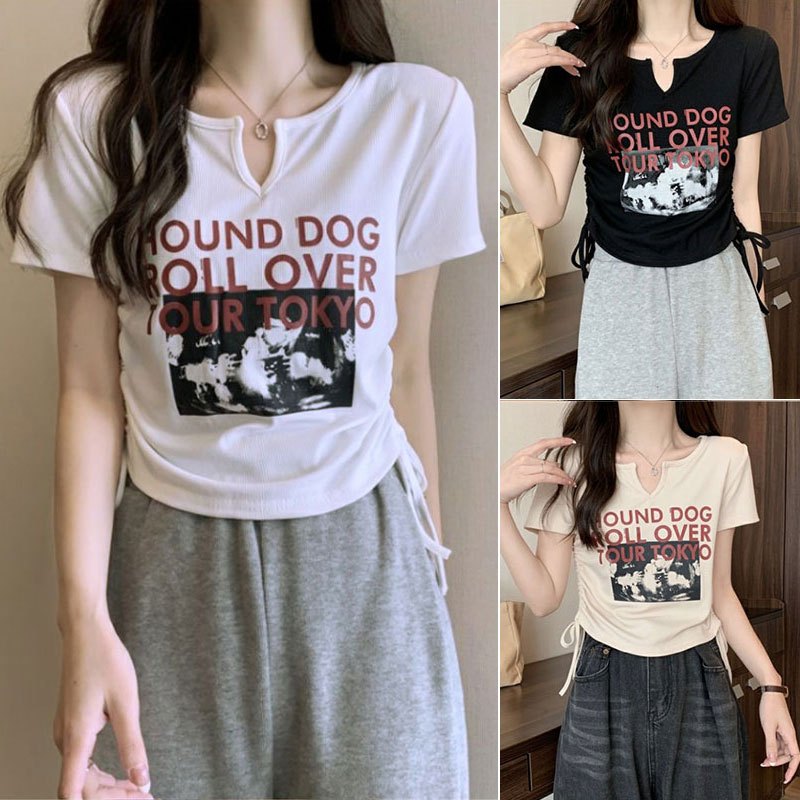 เสื้อครอปแขนสั้นสาวอวบ เสื้อผ้าวัยรุ่นน่ารัก สไตล์เกาหลี  เสื้อยืดแฟชั่นรัดรูปผู้หญิงสวยๆ เอวลอย พิมพ์ลาย ผ้าใส่สบาย