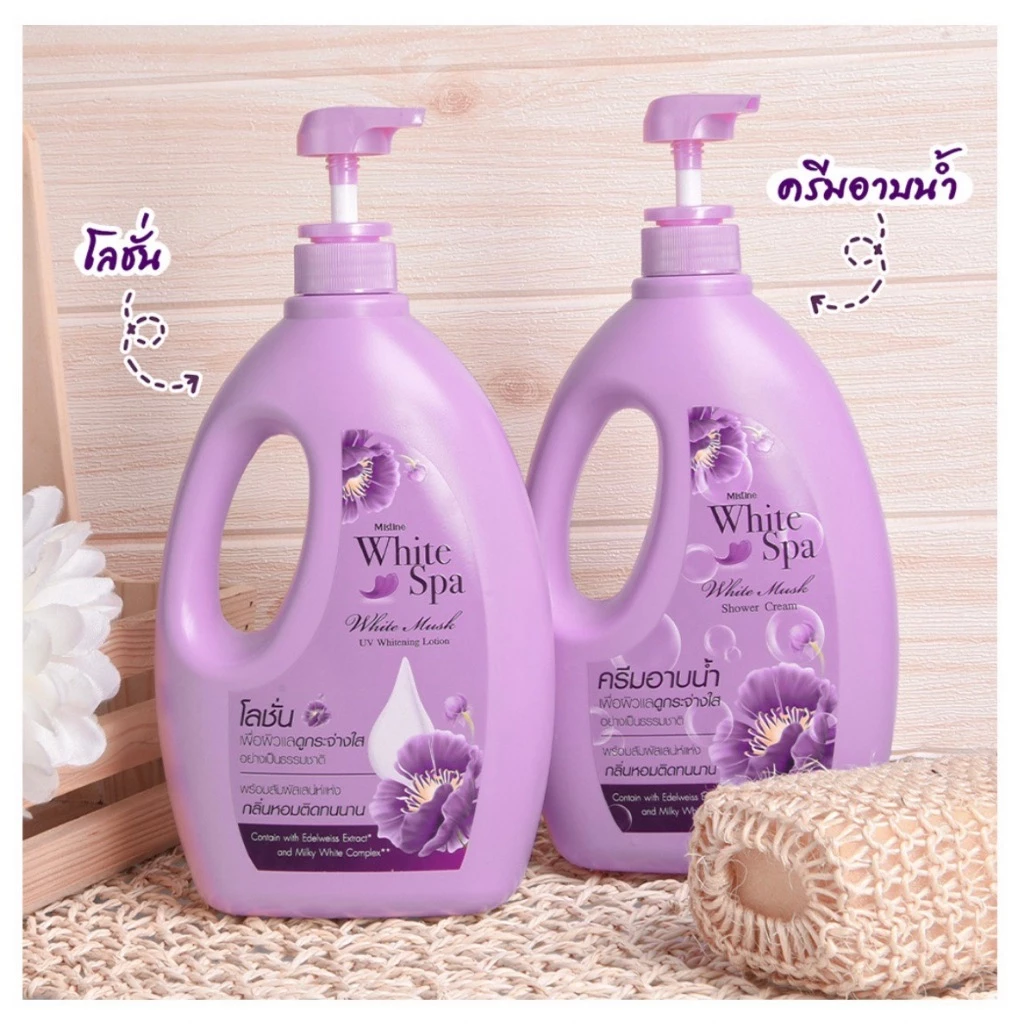 Mistine White Spa White Musk UV Whitening Series ผลิตภัณฑ์ดูแลผิวกาย มิสทีน ไวท์สปา ไวท์มัสค์ ครีมอาบน้ำ / โลชั่น 1000ml