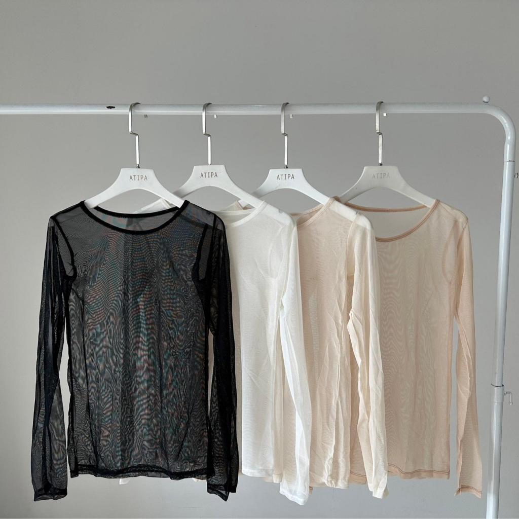 Atipashop - ซีทรูคอกลมแขนยาว เสื้อซีทรู