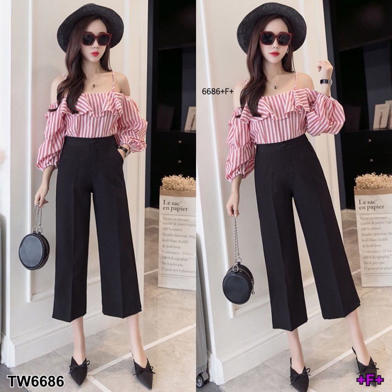 MM6686 Set เสื้อสายเดี่ยวระบายลายริ้ว+กางเกง 5 ส่วน Set: single-breasted striped shirt + 5-piece pan