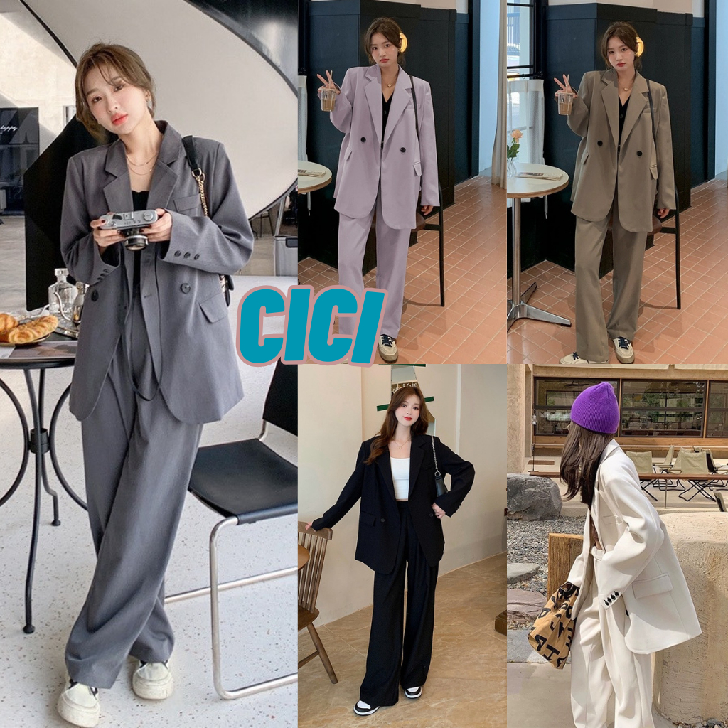 ส่งทันที Cici(NO. 5135)SET2ชิ้น เสื้อสูทเบลเซอร์เเขนยาว+กางเกงขายาวเอวสม็อกหลัง มีซับใน เสริมบ่า กระเป๋าใช้งานได้จริง