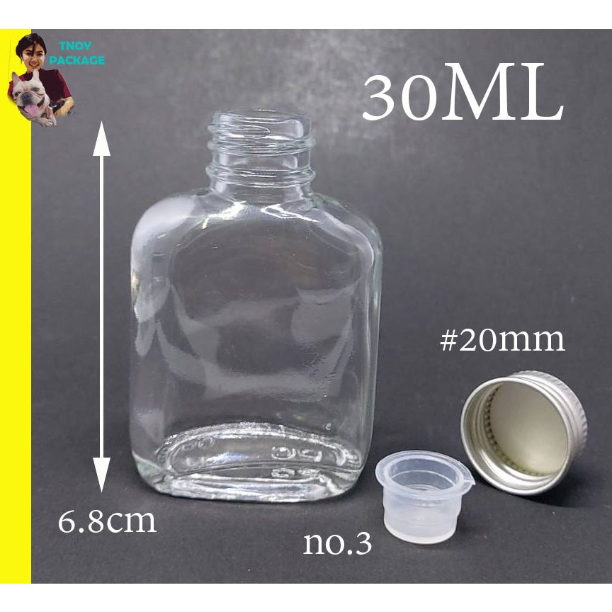 ขวด 30 มล. (25ใบ) ขวดแบน 30ml ขวดแก้วใส 30cc จุกปิดno.3+ฝา