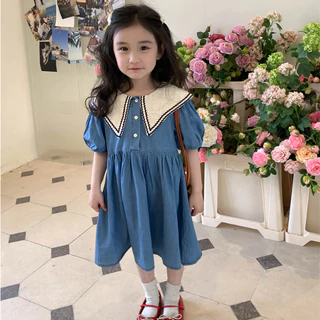 PRINCESS KESLI ชุดเดรสยีนส์เด็ก ชุดเดรสยีนส์สาวเกาหลีฤดูร้อน 1-11ปี