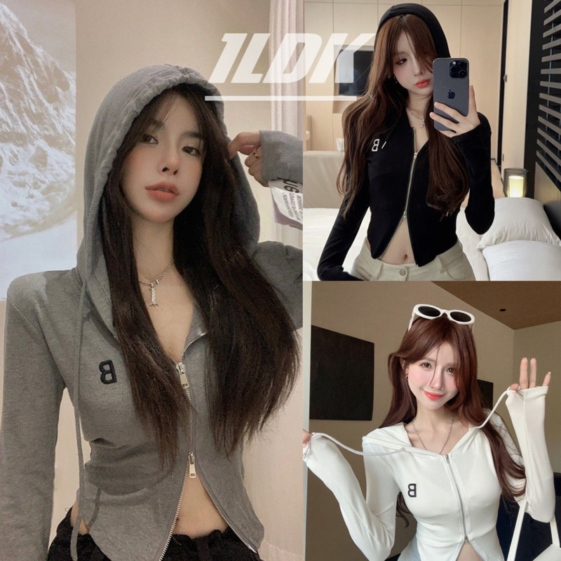 1LDK พร้อมส่ง เสื้อยืดแขนยาวมีฮู้ดแต่งซิปรูดบนล่างดีเทลปักอักษรB(134)