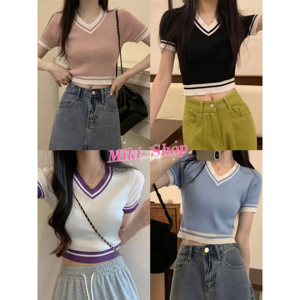 💕Miki-Shop*พร้อมส่ง*เสื้อแขนสั้นไหมพรมคอวี ทรงครอปเข้ารูปใส่สบายผู้หญิง28056*