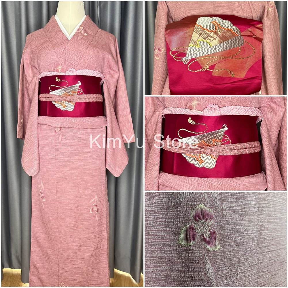 พร้อมส่ง Set kimono กิโมโน สีชมพู มือสองของแท้จากญี่ปุ่น
